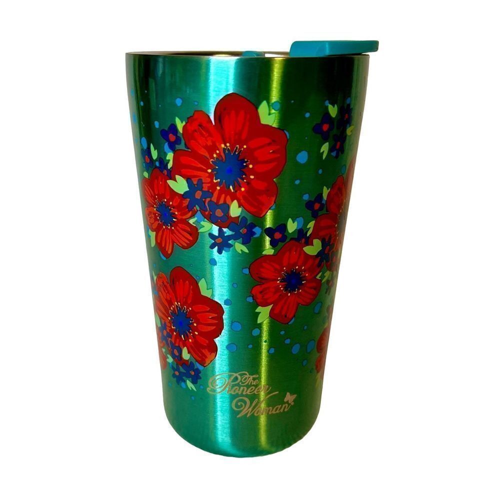 Pioneer Woman Teal W/Red Flowers Stainless Steel Travel Mug With Lid 20 Oz
